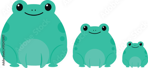 Cute Cartoon Frog Family Set in Flat Style Showing Different Sizes, Adorable Green Amphibian Characters for Kids and Nature Designs