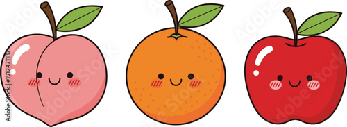 Cute fruit characters collection peach orange apple cartoon vector illustration set isolated background