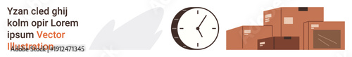 Supply chain, delivery management, packaging, logistics, time tracking, operational planning. Clock and stacked cardboard boxes. Supply chain and delivery management concept