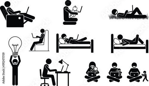 Remote work lifestyle icon set, people using laptop at home relaxing working online freelance study productivity silhouette vector illustration collection