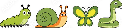 Cute garden animals collection caterpillar snail butterfly snake cartoon vector illustration set isolated background