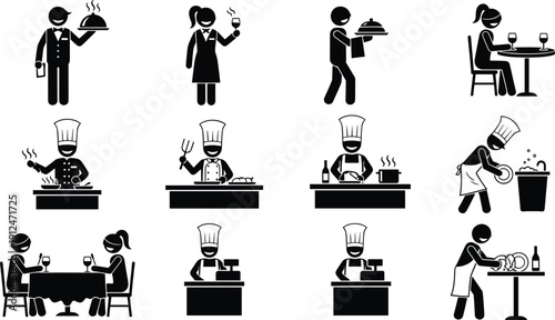 Restaurant service and chef cooking icon set, waiter waitress kitchen staff dining hospitality silhouettes food service vector illustration collection
