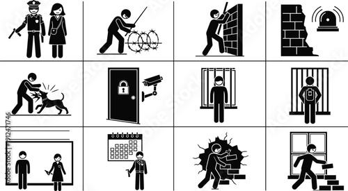 Security, police, crime, protection, icon, set, surveillance, arrest, prisoner, guard, alarm, safety, silhouette, people, vector, illustration, law, warning, design, collection