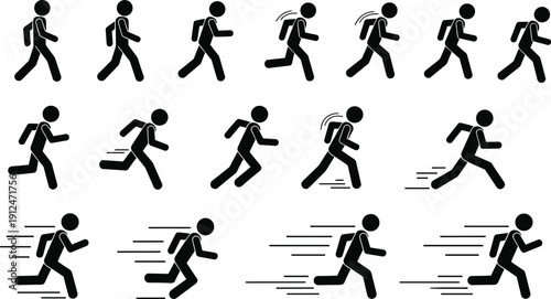 Running motion icons set, human walking jogging sprinting silhouette sequence collection, speed movement action vector pictogram illustration design bundle