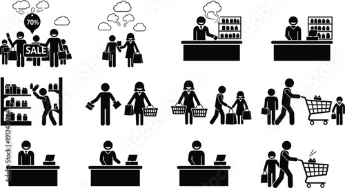 Shopping, retail, sale, customer, store, icon, set, market, purchase, cashier, basket, cart, lifestyle, silhouette, vector, illustration, commerce, design, collection, concept