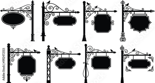 Vintage shop signboard silhouettes set, ornate hanging street signs collection, retro decorative metal brackets, classic business signage black vector illustration