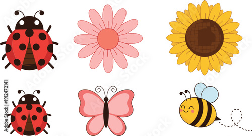 Cute garden elements collection ladybug butterfly bee flowers cartoon vector illustration set isolated background