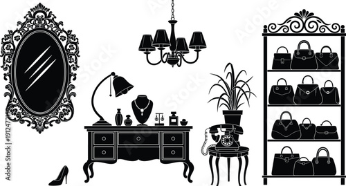 Vintage, fashion, boutique, interior, silhouette, mirror, chandelier, vanity, handbags, shelf, decor, furniture, luxury, retro, vector, illustration, classic, design, elegant, collection