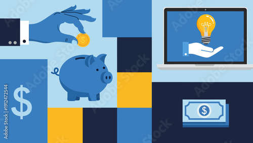 Collage of Financial Concepts Featuring Money, Piggy Bank, and Digital Payment Imagery in a Business Theme.
