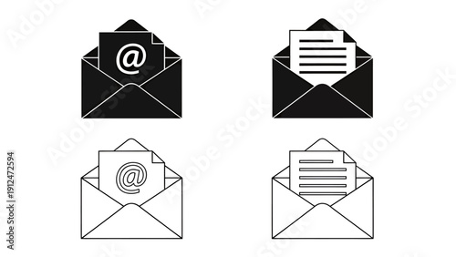 Assorted black and white envelope icons illustrating open and closed mail designs.