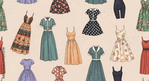 Collection of vintage dresses retro fashion illustration with floral and polka dot patterns perfect for textile design and fashion blogs