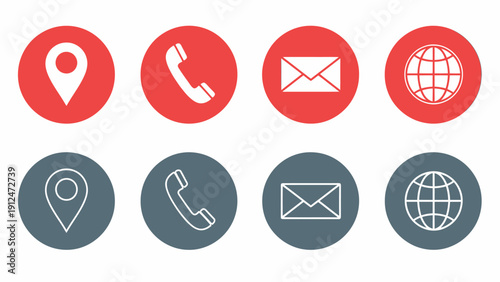 Round flat icons depicting navigation and communication symbols in red and blue colors.
