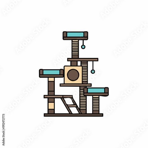 Multi-Level Cat Tree With Platforms Cubby And Dangling Toys In Neutral Tones With Aqua Accents On White Background