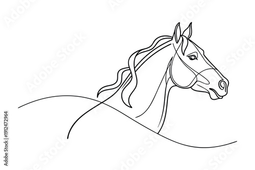 Black and white line of a horse head in profile with flowing mane line horse side view