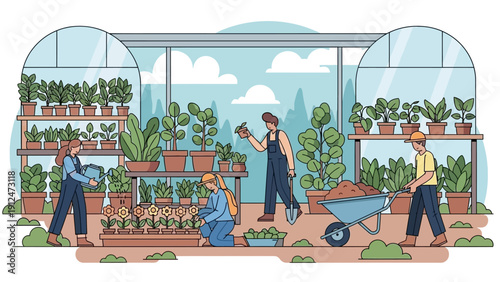 People Working in Greenhouse with Plants.