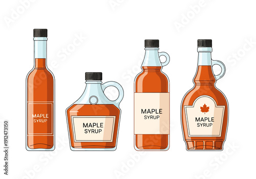 Collection Of Four Assorted Maple Syrup Bottles With Labels And Liquid Inside On White Background