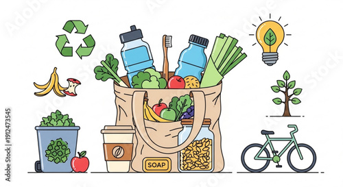 Eco friendly shopping bag with groceries and sustainability icons concept for green living and zero waste lifestyle flat vector illustration
