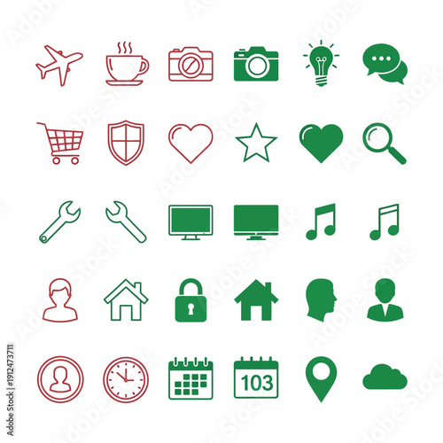 Red and green on white background airplane coffee cup camera light bulb chat bubble