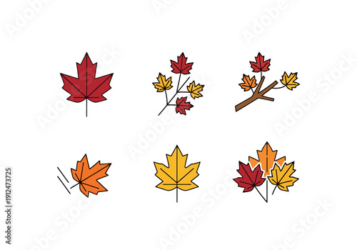 Collection of Stylized Maple Leaves in Autumnal Colors Isolated on White Background for Seasonal Decoration and Design Elements