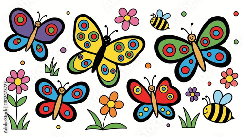 Colorful Butterflies and Bees Illustration.