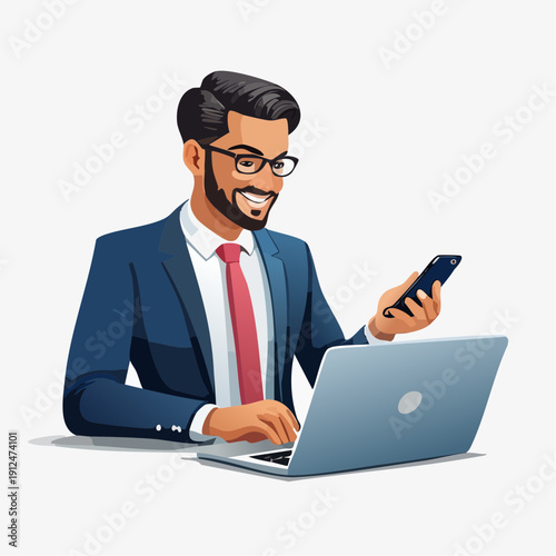 Smiling businessman in a sharp suit multitasking with a laptop and smartphone, embodying modern professional efficiency and digital connectivity in the workplace