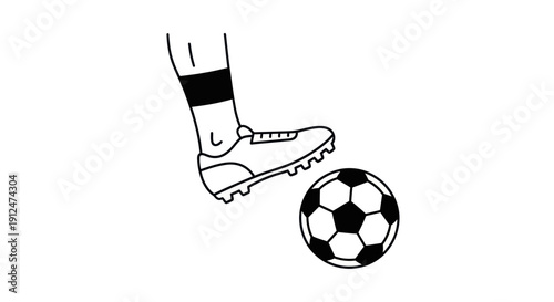 Foot Kicking a Soccer Ball: Black and White Line Art Illustration.