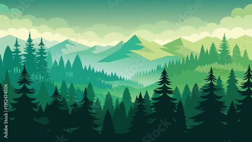 A vibrant landscape illustration depicts layered mountains dense evergreen forests and a softly clouded sky high-quality professional detailed modern elegant
