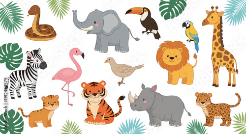 Cute Cartoon Safari and Jungle Animals Set in Flat Vector Style Featuring Colorful Wild Animal Characters and Tropical Leaves