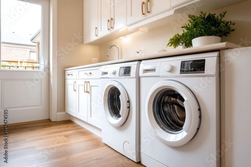 Wallpaper Mural Modern Laundry Room Design Featuring New Cabinets and Appliances Torontodigital.ca