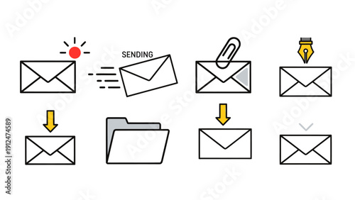 Collection of email and message icons showing sending, folders, and lightbulb ideas.