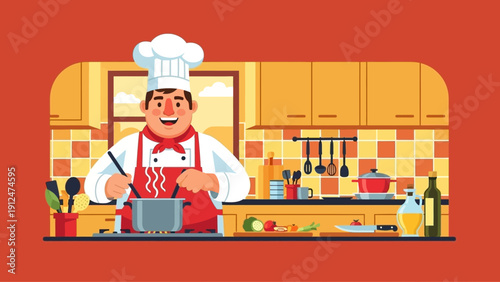 Smiling Chef in Kitchen Cooking.