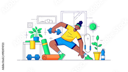 Man exercising with dumbbells indoors.