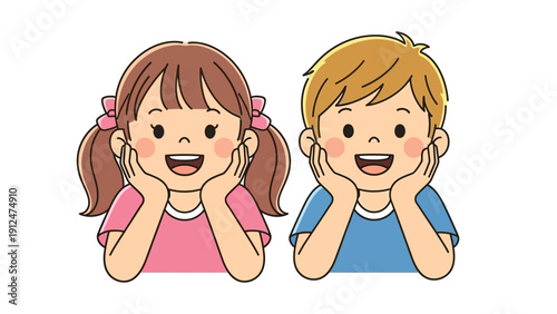 Smiling children with hands on face.