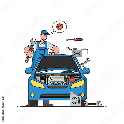 Mechanic repairing car engine with tools, checkmark in thought bubble