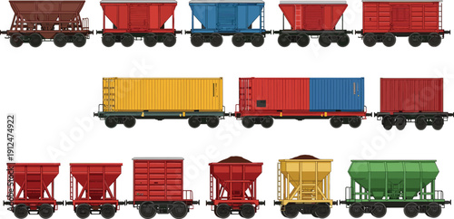 Freight train wagon collection illustration, cargo rail transport cars, industrial railway vehicles, container hopper boxcars, logistics transportation vector