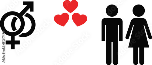 Gender relationship symbols, male female icons, love hearts concept, sexuality equality signs, human connection, black red vector illustration set