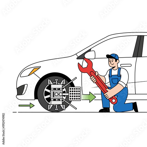 Mechanic Adjusting Car Wheel Alignment with Wrench and Alignment Machine