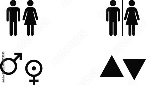 Gender symbols and restroom icons set showing male, female, unisex, and geometric signs isolated on white background for signage and wayfinding