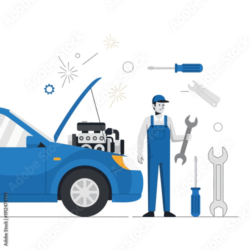 Mechanic repairing a blue car with open hood, surrounded by tools