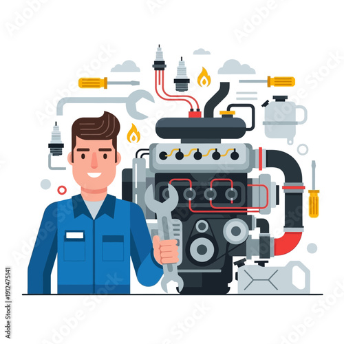 Mechanic with Engine, Tools, and Spark Plugs - Auto Repair Service