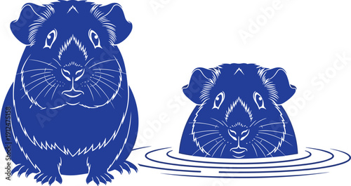 Guinea pig illustration set, cute pet rodent animal, blue silhouette style, standing and swimming guinea pig, minimal vector design