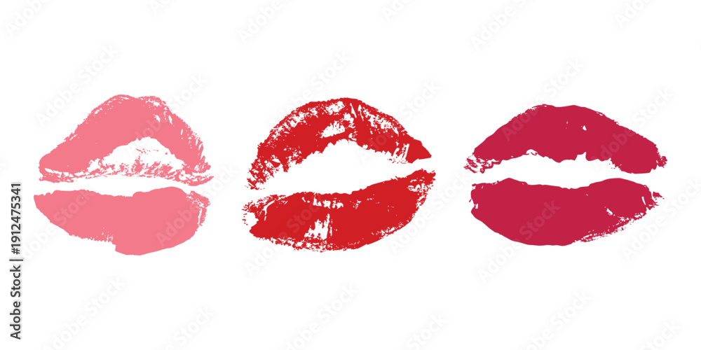 Fototapeta premium Set of lipstick kiss print Different shapes and colors imprint of lips Red pink female sexy lips makeup Design elements for beauty fashion poster Valentines Day wedding