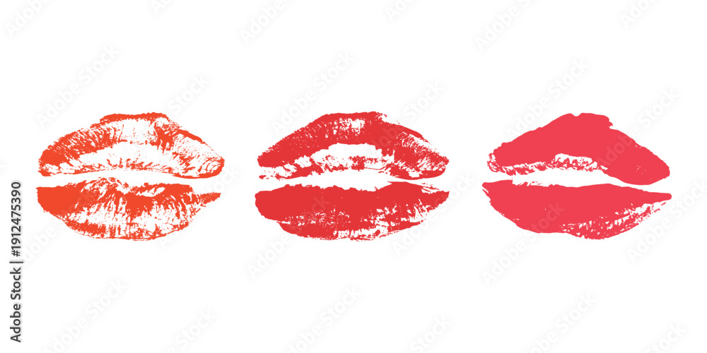 Fototapeta premium Set of lipstick kiss print Different shapes and colors imprint of lips Red pink female sexy lips makeup Design elements for beauty fashion poster Valentines Day wedding