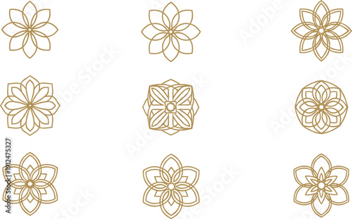 Golden geometric floral ornament icon set with symmetrical mandala flowers elegant decorative line art vector design