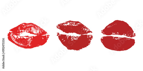 Set of lipstick kiss print Different shapes and colors imprint of lips Red pink female sexy lips makeup Design elements for beauty fashion poster Valentines Day wedding