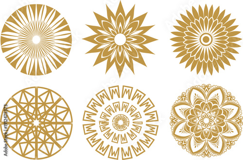 Golden geometric mandala ornament set with starburst rosettes and intricate circular decorative line art vector designs