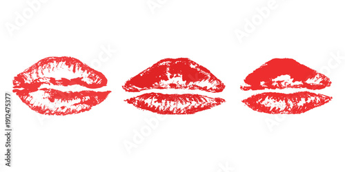 Set of lipstick kiss print Different shapes and colors imprint of lips Red pink female sexy lips makeup Design elements for beauty fashion poster Valentines Day wedding