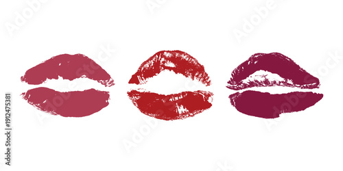 Set of lipstick kiss print Different shapes and colors imprint of lips Red pink female sexy lips makeup Design elements for beauty fashion poster Valentines Day wedding