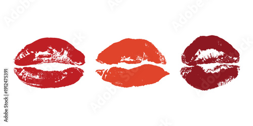 Set of lipstick kiss print Different shapes and colors imprint of lips Red pink female sexy lips makeup Design elements for beauty fashion poster Valentines Day wedding