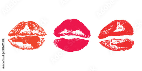 Set of lipstick kiss print Different shapes and colors imprint of lips Red pink female sexy lips makeup Design elements for beauty fashion poster Valentines Day wedding